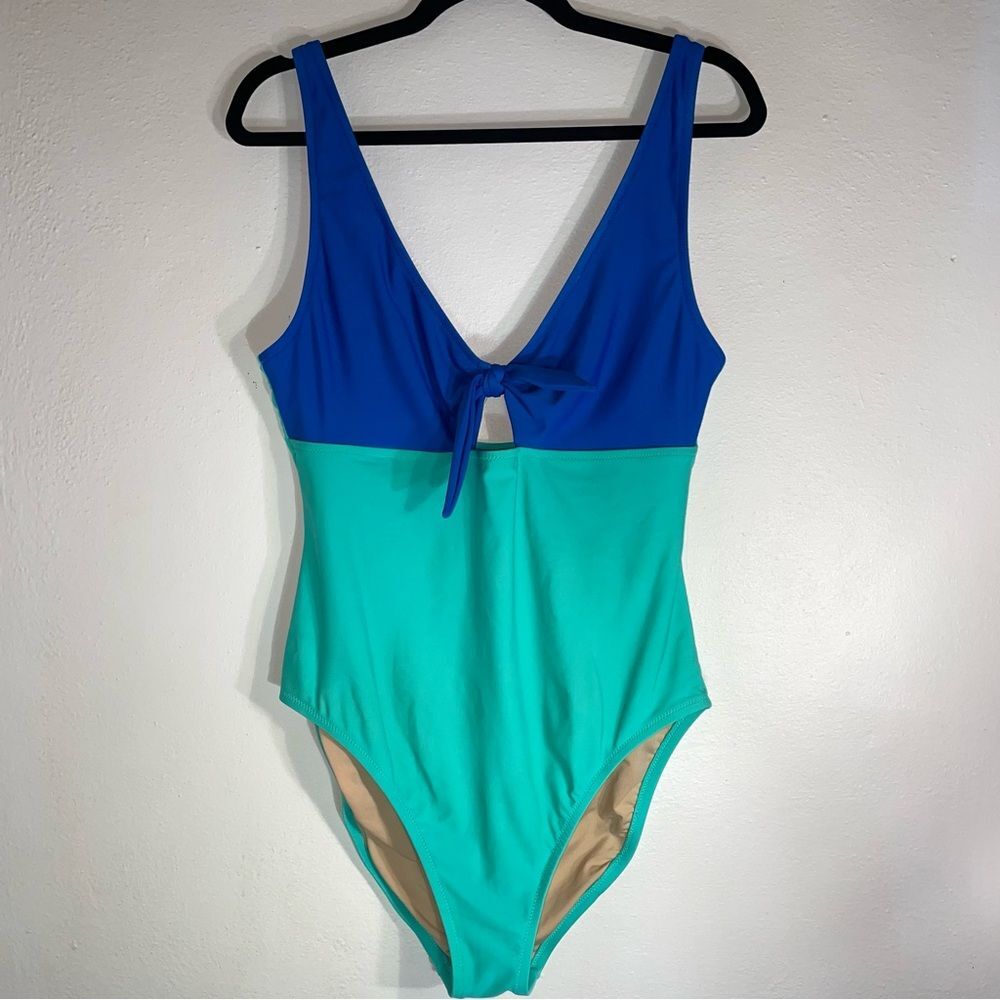 J Crew L Swim One Piece Bikini Blue Color Block V Neck
